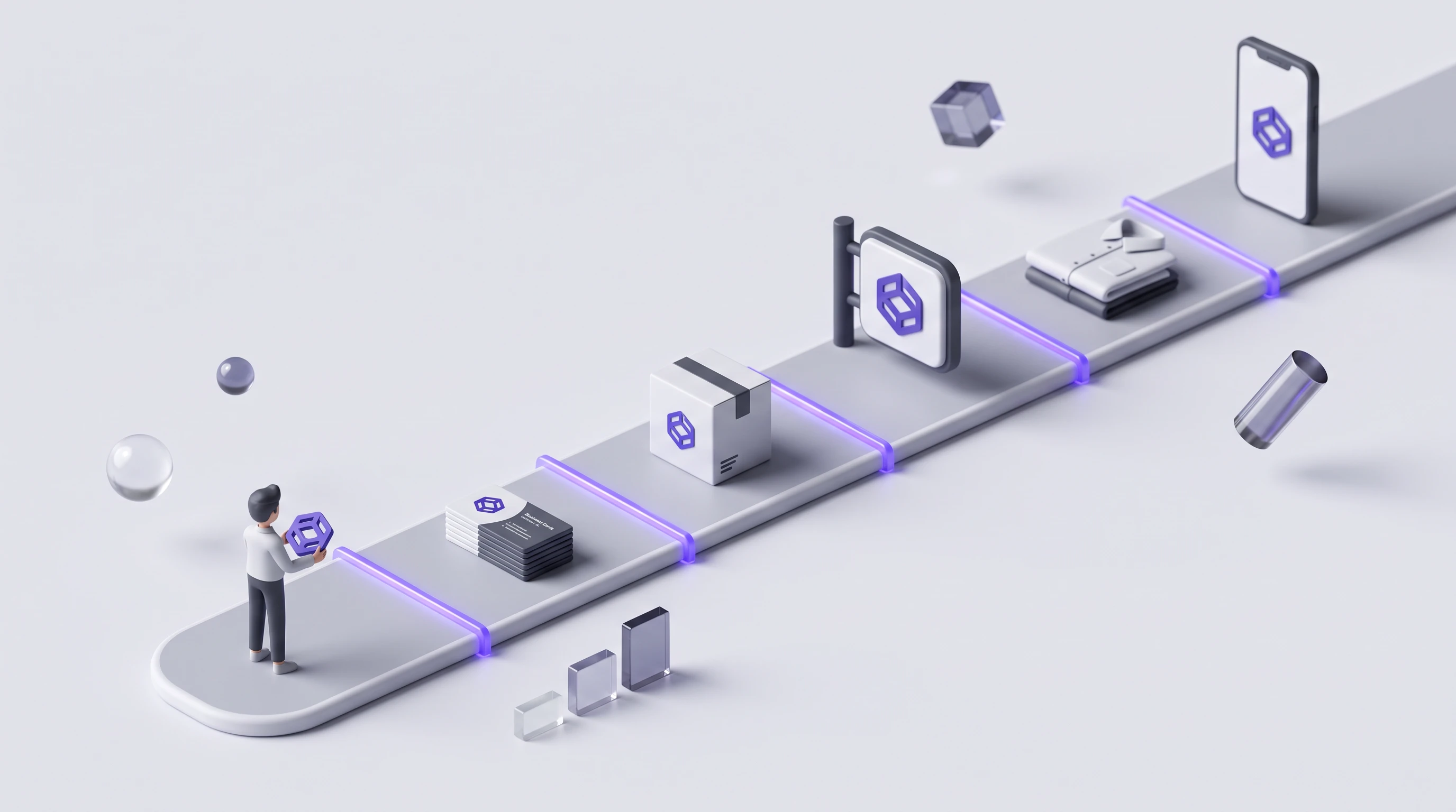 Soft 3D isometric illustration on a very light grey background. A long calm road or timeline curving gently from the foreground into the distance, divided into several year segments by thin glowing vi