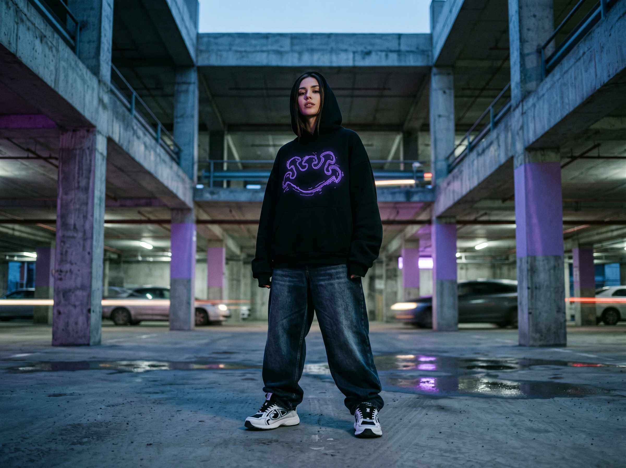 A hype fashion photo of a streetwear model in a black oversized hoodie, centered with the case’s abstract crown‑mushroom emblem rendered as fluid violet line art that subtly glows like hand‑drawn ener