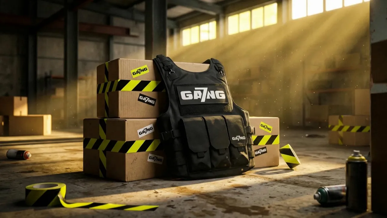 Slow cinematic push-in toward the GA7NG vest and taped boxes, with gentle parallax between the foreground tape roll, spray cans, and the warehouse background. Sunbeams breathe with drifting dust motes