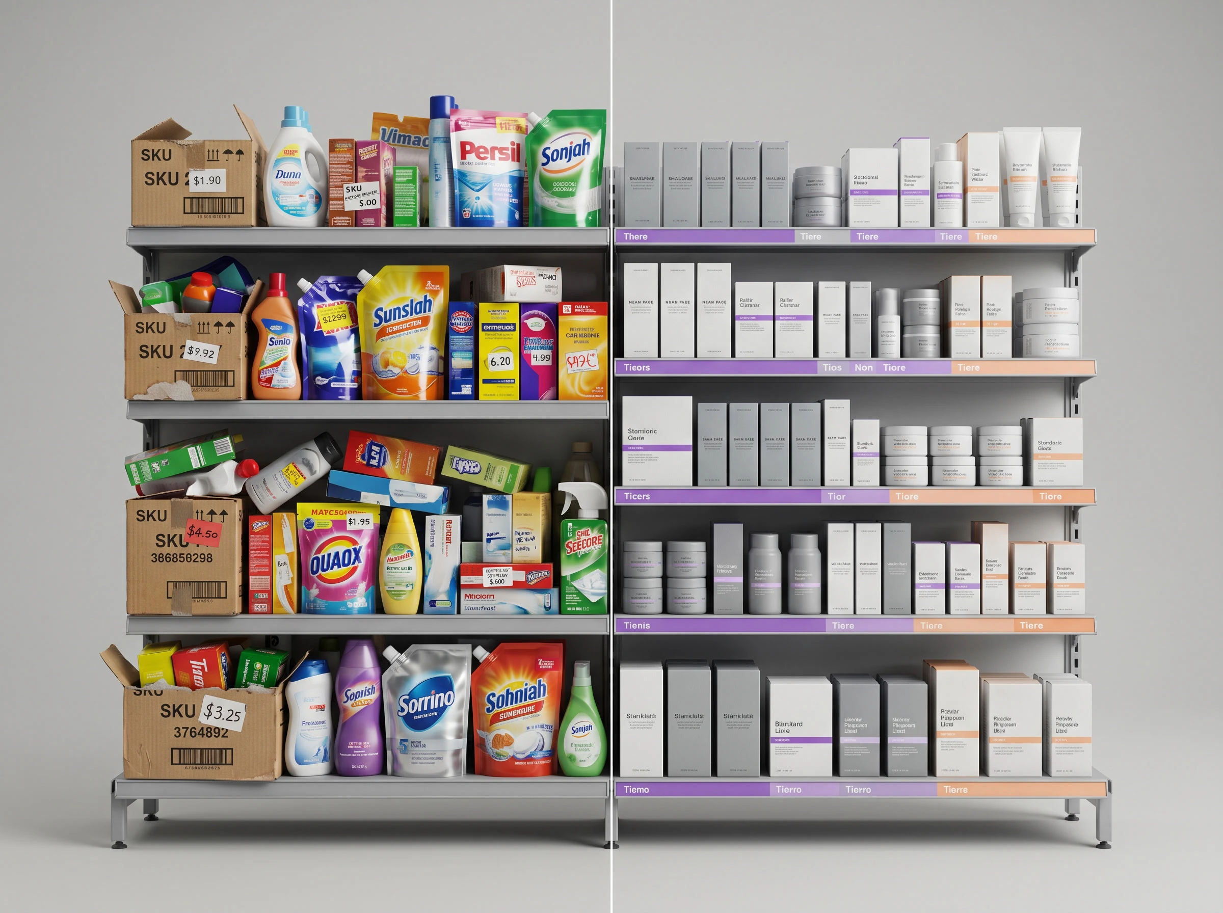 Create a hyperreal 3D studio render of a single retail shelf split vertically: left side crowded and noisy, right side calm and systematized. Shoot at eye level with a 50–70 mm lens feel, soft neutral