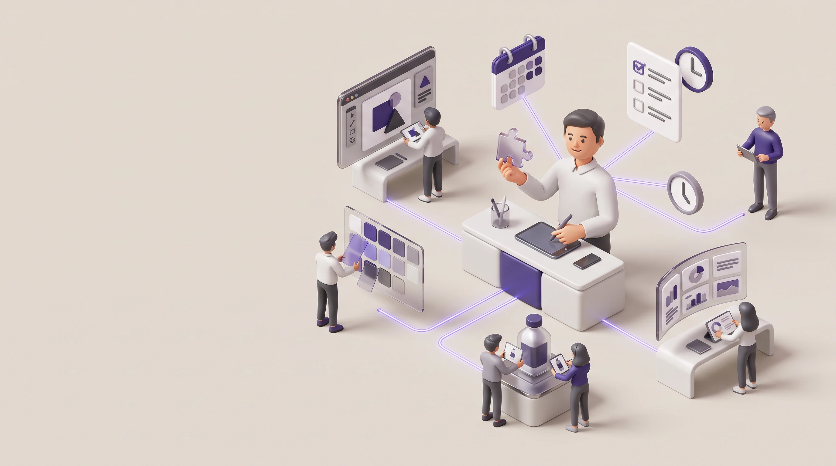 Soft premium 3D isometric illustration on a warm light-grey background. In the centre, an account manager calmly coordinates a creative design project from a clean modular workspace. Around the manage