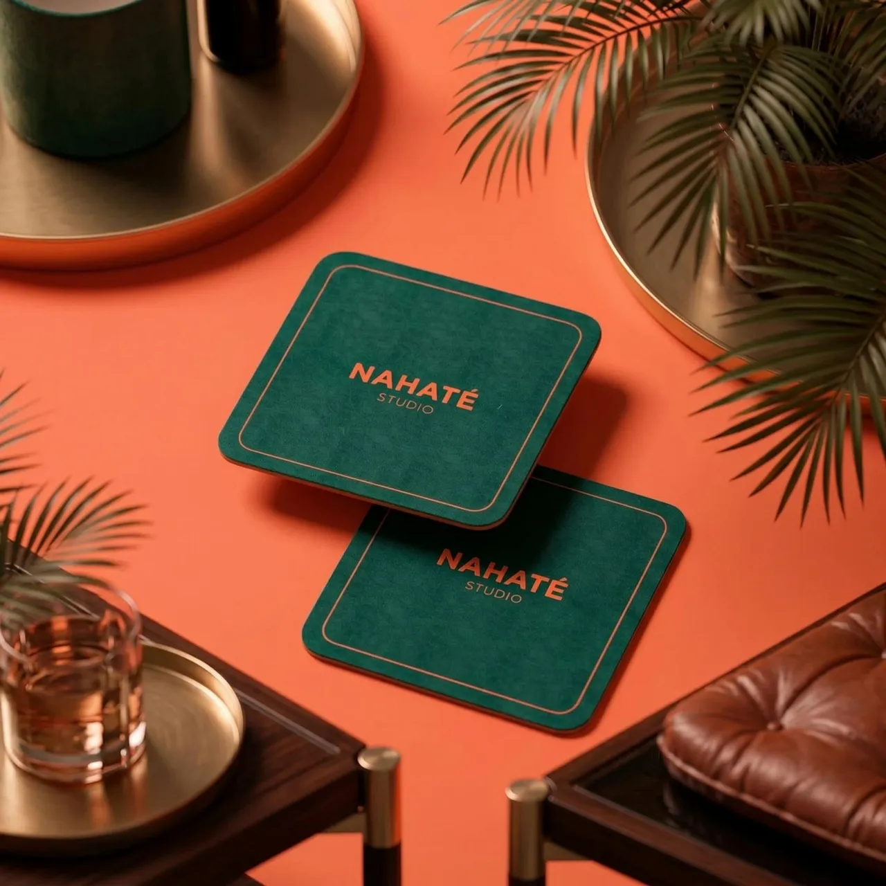 Very slow lateral camera drift for soft parallax over the orange tabletop, while the palm fronds barely sway and their shadows glide subtly. Subtle specular shimmer rolls across the brass accents, gla