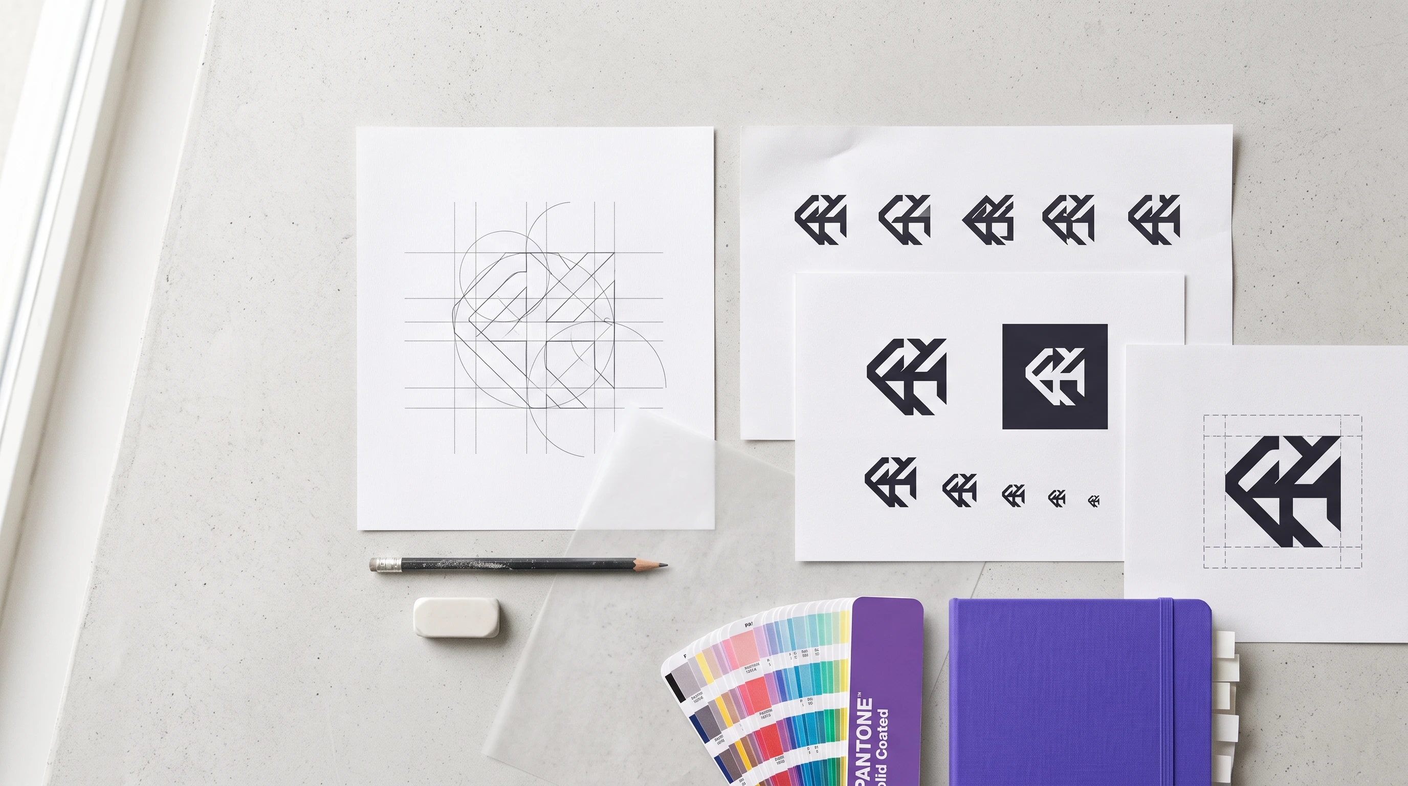 Photorealistic top-down flat lay on a light concrete desk near a window. Printed design-process sheets showing the construction of one abstract geometric mark: a large sheet with the mark built on a v