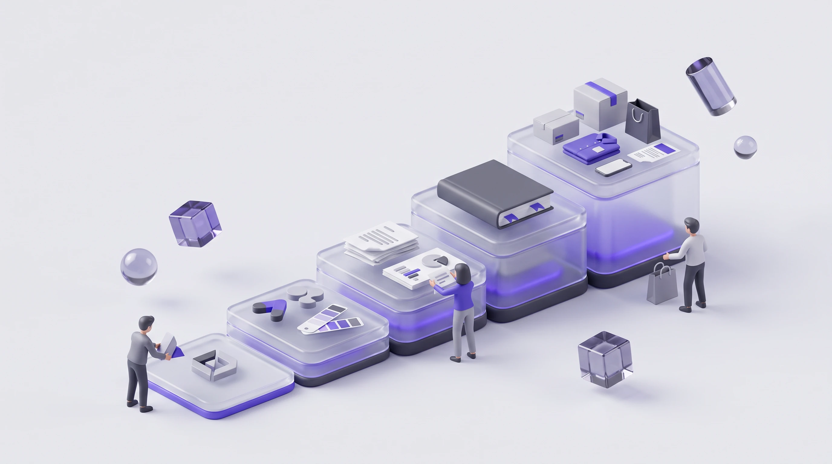Soft 3D isometric illustration on a very light grey background. Five stacked translucent slabs forming a rising staircase from left to right: the lowest one thin and small, each next one larger and th