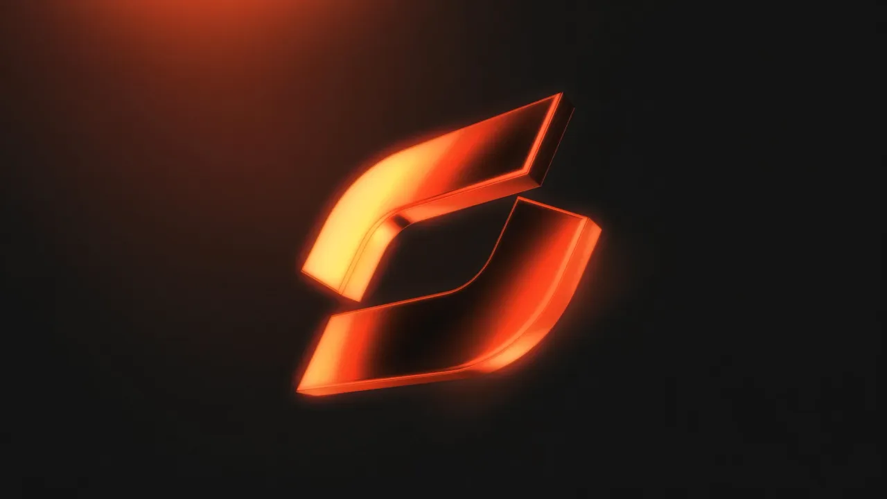 Ultra-slow camera drift around the metallic orange emblem with subtle depth parallax; the logo gently “breathes” with a soft luminance pulse along its edges. Minimal warm light flicker from the top-le