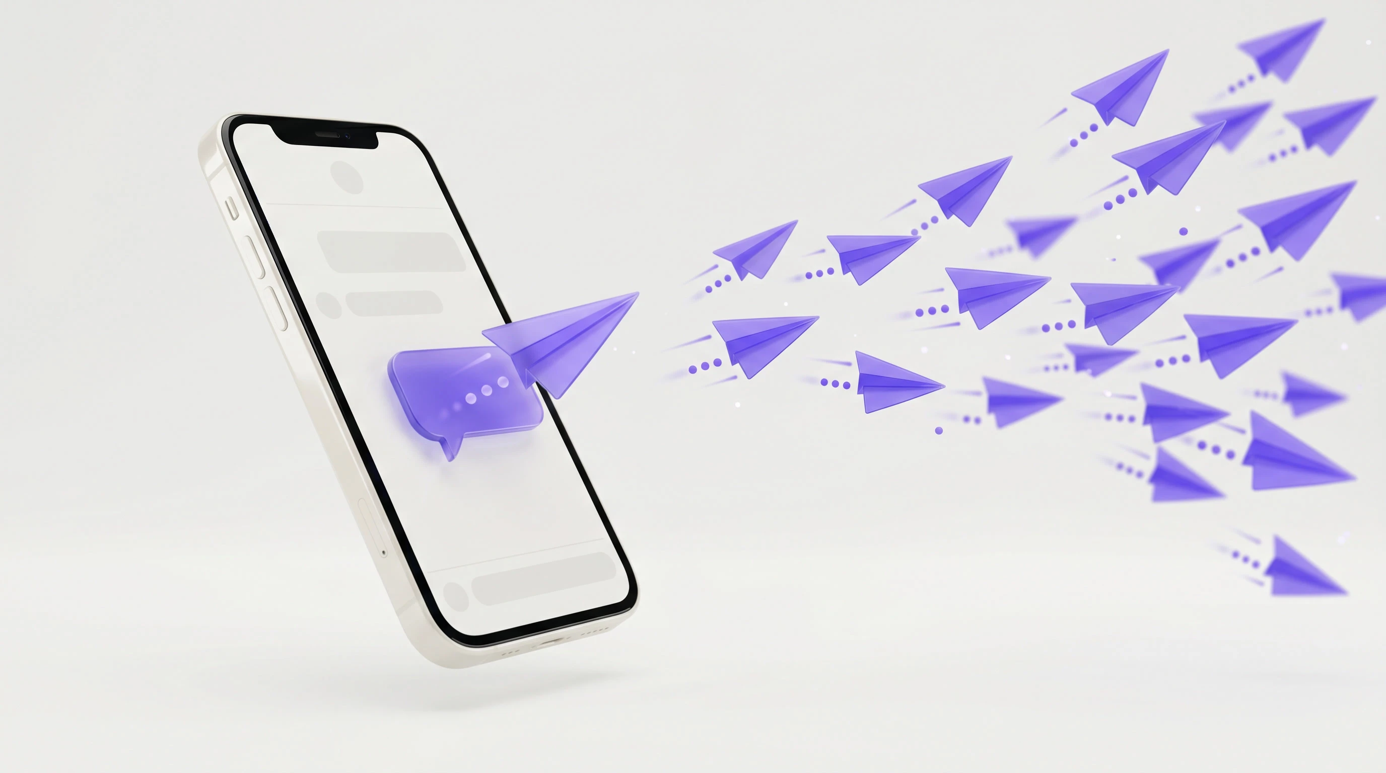 Clean, high‑quality realistic 3D studio render of referral growth in a chat‑based mini‑app: a glossy off‑white smartphone at a three‑quarter angle on a soft #f5f5f4 background, with a near‑black #0c0c