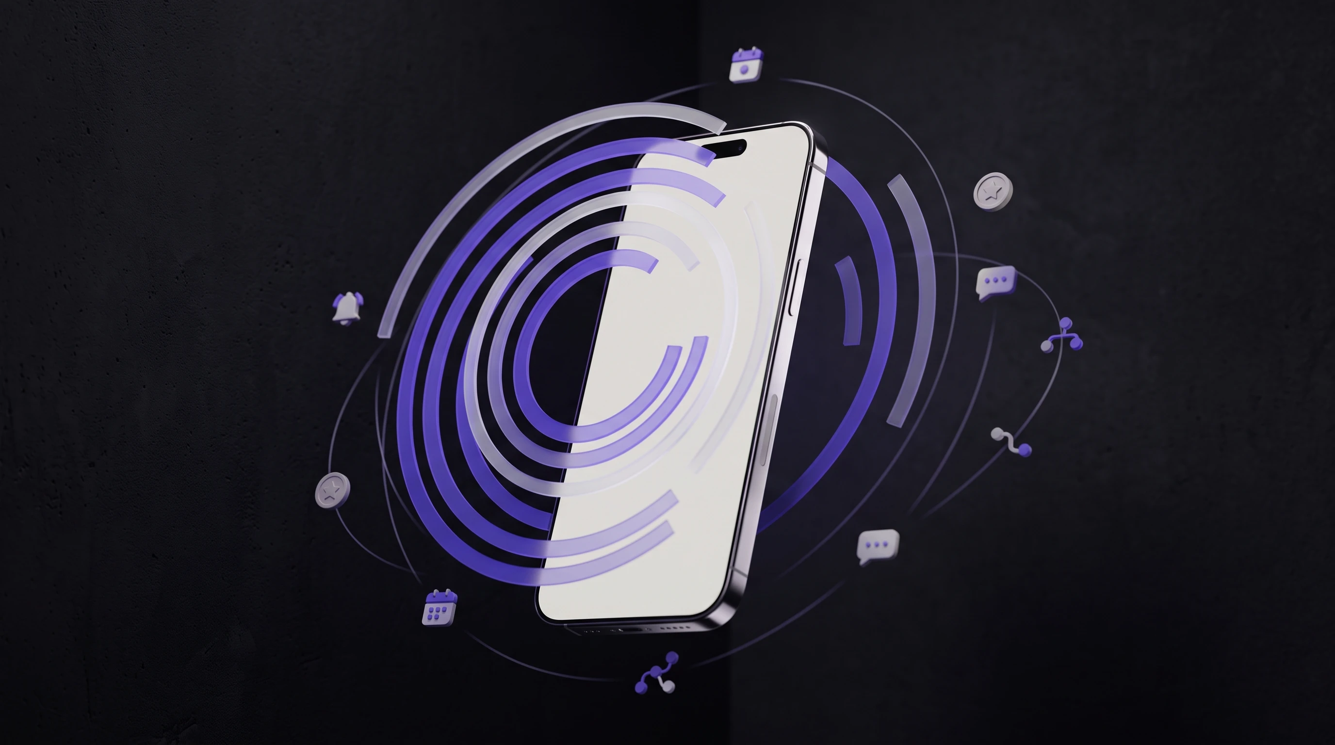 Moody, high‑quality realistic 3D night render of a retention and push‑map scene inside a dark studio corner: a glossy off‑white smartphone floats vertically near a near‑black #0c0c0d wall, shot low an
