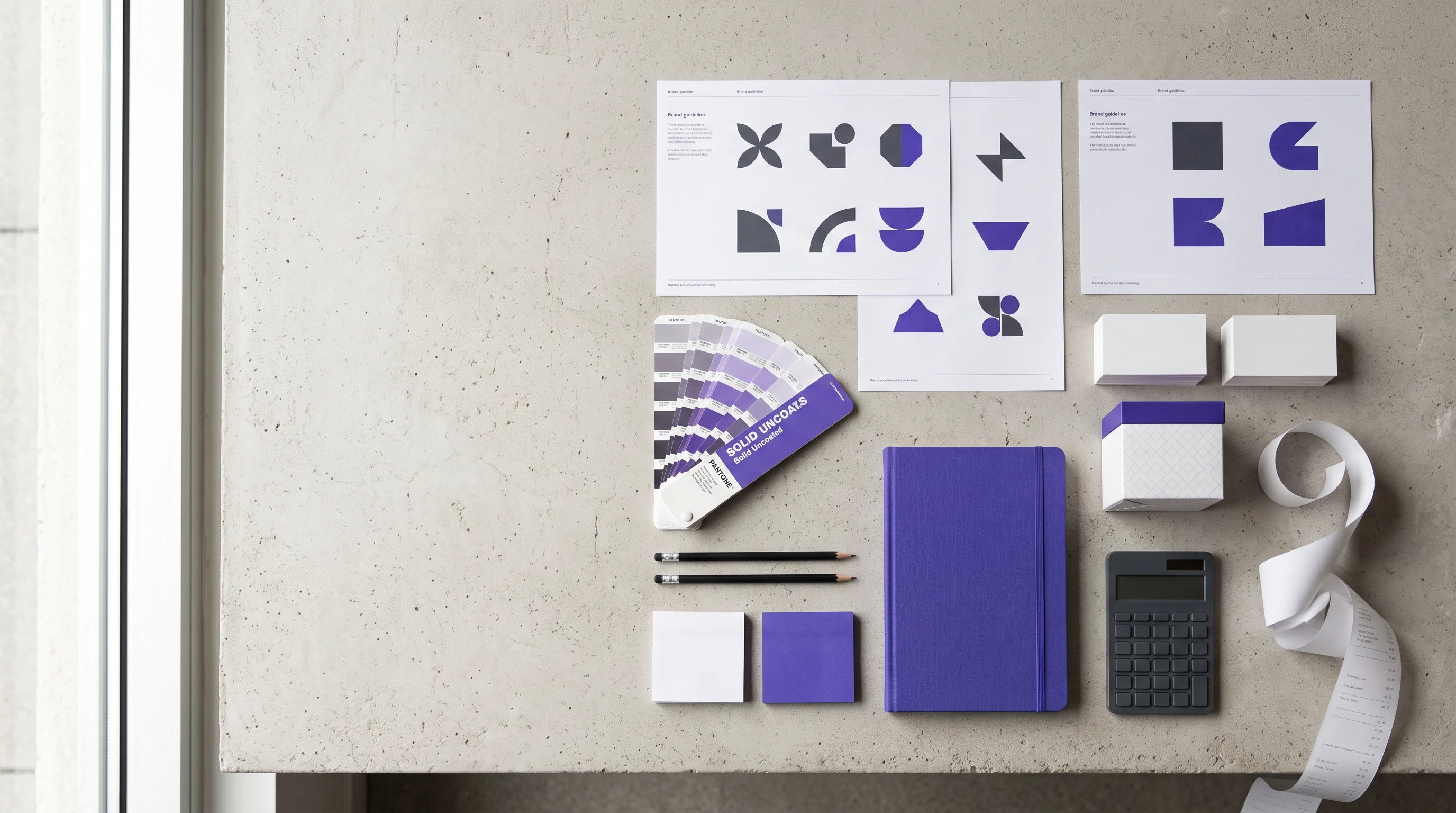 Photorealistic top-down flat lay on a light concrete desk near a window. Branding project materials laid out in a strict grid: printed brand guideline sheets with abstract geometric marks, a Pantone f
