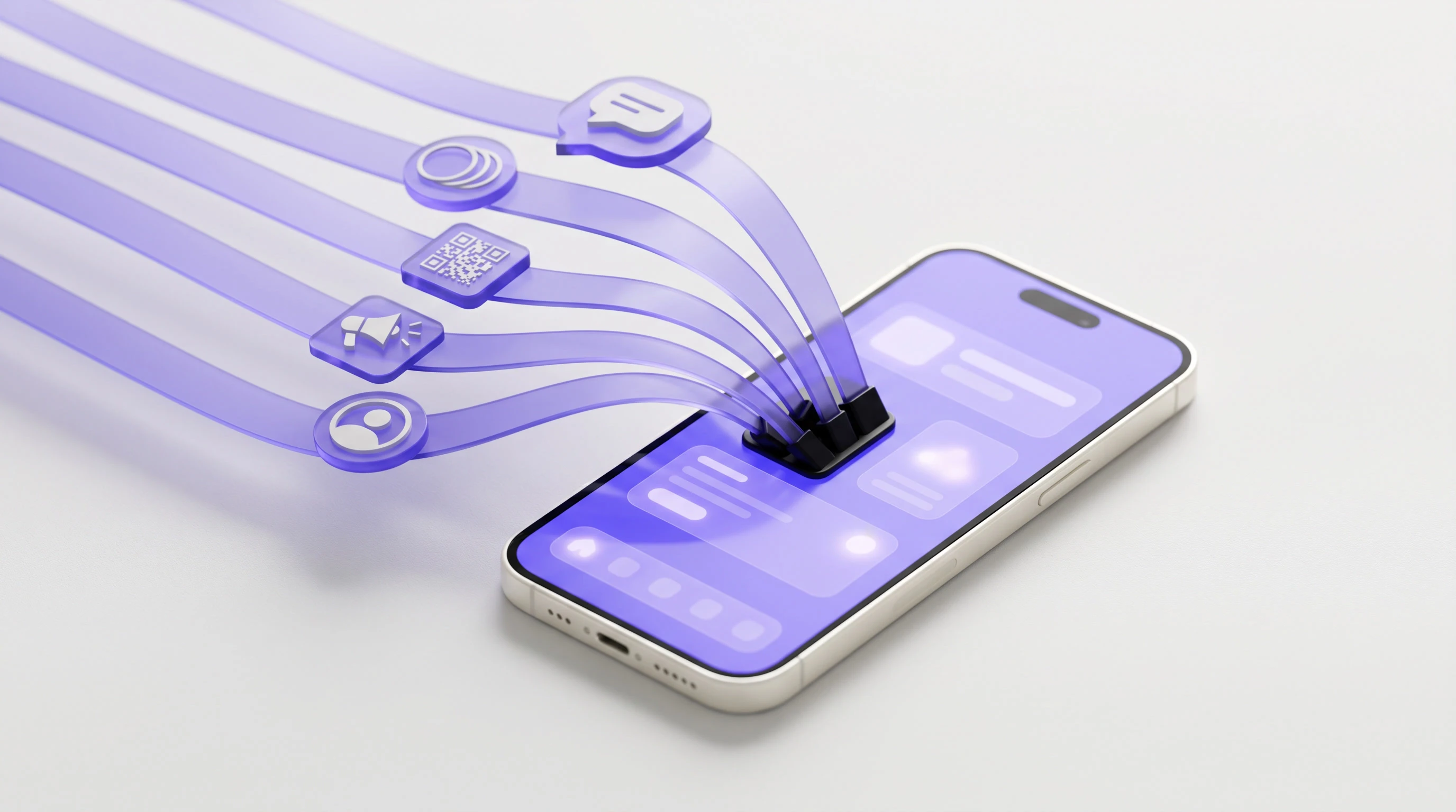 Minimalist, high‑quality realistic 3D render from a top‑down three‑quarter angle, showing a glossy off‑white smartphone resting on a seamless #f5f5f4 surface, its glass subtly illuminated in violet (#